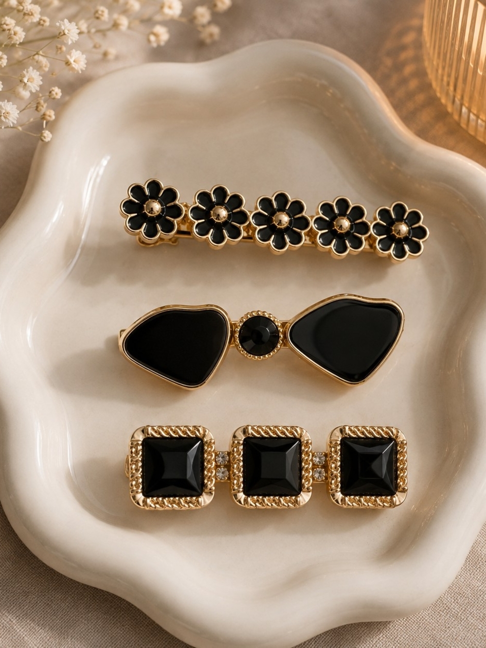 Gold and Black Floral & Geometric Hair Clip Set New